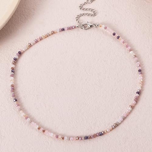Dainty Colorful Crystal Beaded Chain Adjustable Lightweight Choker Necklace Handmade Bohemian Shiny 3mm Rice Stone Beads Necklace Boho Summer Beach Jewelry for Women - color: pink