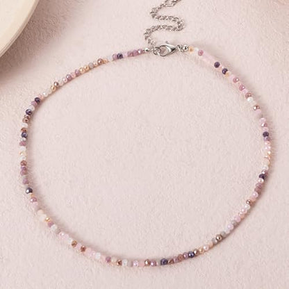 Dainty Colorful Crystal Beaded Chain Adjustable Lightweight Choker Necklace Handmade Bohemian Shiny 3mm Rice Stone Beads Necklace Boho Summer Beach Jewelry for Women - color: pink