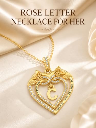 14K Gold Initial Letter Rose Heart Pendant Necklace for Women, Anniversary Birthday Jewelry Gifts for Wife Mom Grandma Sister Daughter, I Love You for Always And Forever - style: 14K Gold-C