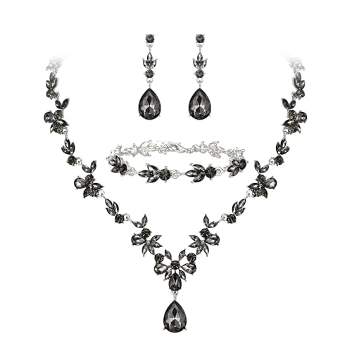 BriLove Wedding Jewelry Set for Women,Gorgeous Crystal Bridal Accessories | Y-Necklace Tennis Bracelet Dangle Earrings Set,Shiny Teardrop Marquise Cluster,Prom Party Jewelry,for Bride Bridesmaid - color: 11-Grey Silver-Tone