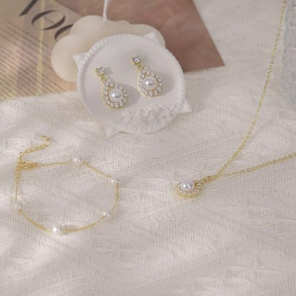 Jewelry Sets for Women,Dainty 14k Gold Plated Pearl Earrings Necklace Bracelet Fashion Silver Bridal Jewelry accessories SimpleWedding Jewelry Sets for Brides - color: gold