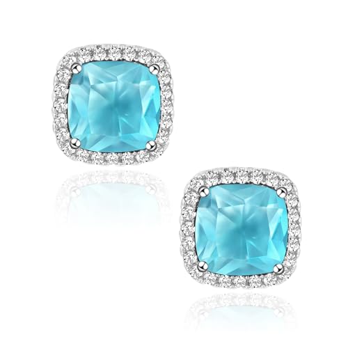 Square Cubic Zirconia Earrings Stud 7mm Birthstone Studs Earrings Hypoallergenic Princess Cut Earrings 925 Sterling Silver Post Studs Earrings for Women - color: aquamarine