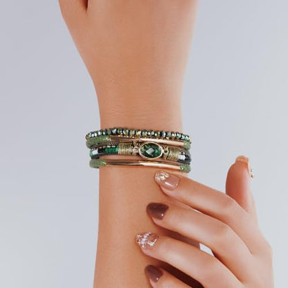 Boho Leather Wrap Bracelets Beaded Stackable Cuff Bracelet Country Concert Outfits Cowboy Cowgirl Western Jewelry Gifts for Women - color: Crystal-Green