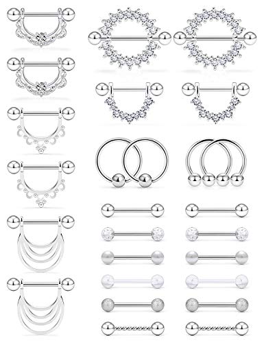 14G Nipple Tongue Rings 6 Pairs Surgical Steel Nipple Nipplerings Shield Ring Barbell Bar Hoop Piercing Body Jewelry CZ Round Shape for Women - color: 13Pairs Silver