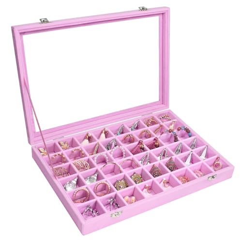 Siveit Velvet Jewelry Tray 48 Grid Jewelry Display Tray Organizer Box with Transparent Lid Rings Earrings Necklaces Pendants Display Box Suitable for Women and Girls (Pink) - color: Pink