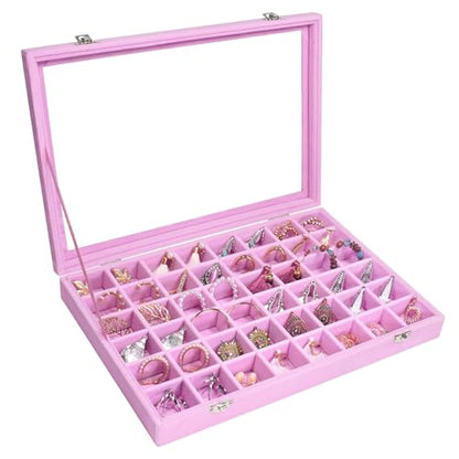 Siveit Velvet Jewelry Tray 48 Grid Jewelry Display Tray Organizer Box with Transparent Lid Rings Earrings Necklaces Pendants Display Box Suitable for Women and Girls (Pink) - color: Pink