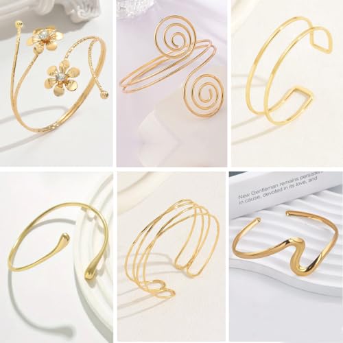ItsStarred Minimalist Arm Cuff Gold Plated, Upper Arm Cuff Bangle Bracelet for Women, Adjustable Arm band Set 6 Pieces - color: A2: Gold Plated Flower