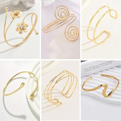 ItsStarred Minimalist Arm Cuff Gold Plated, Upper Arm Cuff Bangle Bracelet for Women, Adjustable Arm band Set 6 Pieces - color: A2: Gold Plated Flower