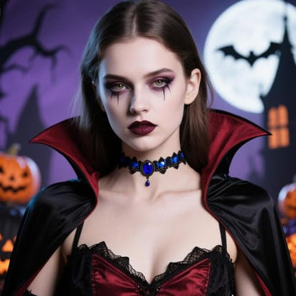 Gothic Lace Choker Vampire Necklace for Women,Black Lace Red Crystal Pendant Necklaces for Halloween,Goth Black Necklace Jewelry Witch Costume Vampire Accessories - style: Style Blue