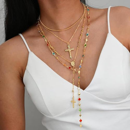 Frodete Gold Lariat Necklace for Women Long Gold Drop Necklace with Clear Beads Adjustable Y Necklace for Dresses Party Vacation - color: C1:cross long necklace