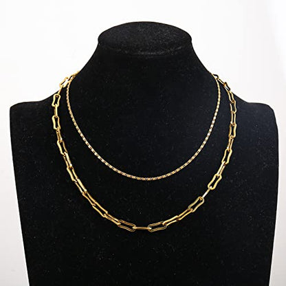 Elegance 11 designs Gold/Silver Stainless Steel Layered Set Necklace Square Linear Paperclip Figaro Chain Flat Chain Thick Short Metal Men's Women's Pop Necklace - color: Gold 2 Layers