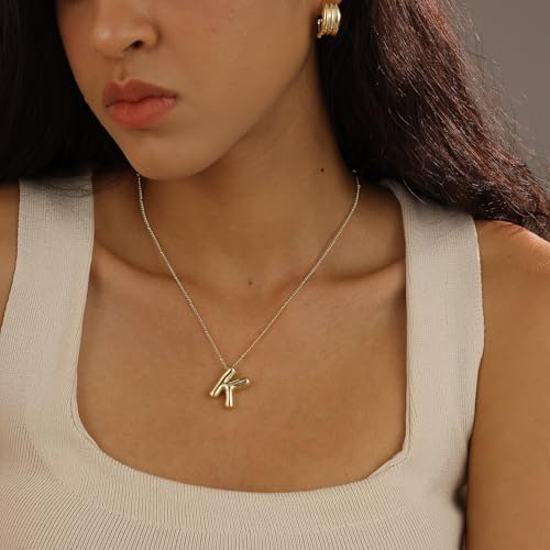 Ewrkbrㅤ Initial Necklaces for Women, 14k Gold Plated Bubble Letter Necklace Chunky Gold Necklace Dainty Charm Initial Necklaces for Women Trendy Custom Preppy Stocking Stuff Necklace Christmas Gifts - color: Gold, style: K