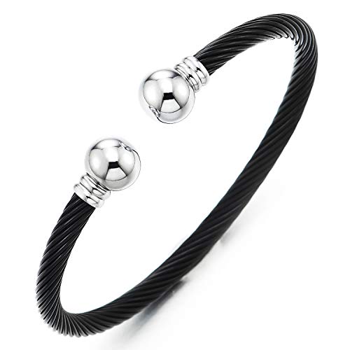 COOLSTEELANDBEYOND Elastic Adjustable Stainless Steel Cuff Bangle Bracelet for Mens Womens - color: D-Metal Color: Silver & Black
