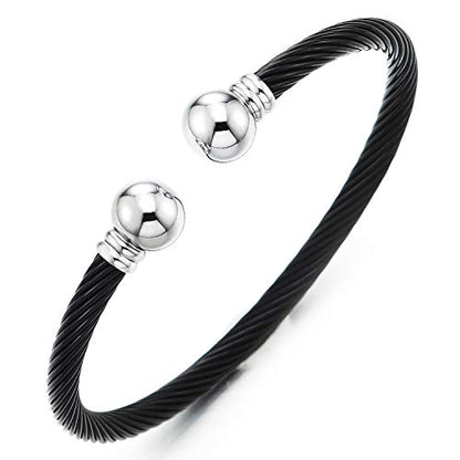 COOLSTEELANDBEYOND Elastic Adjustable Stainless Steel Cuff Bangle Bracelet for Mens Womens - color: D-Metal Color: Silver & Black