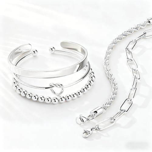 Gold Bracelets for Women, 5 Pcs Non-Tarnish Gold Plated Stackable Bangles with Beaded, Knot, Twisted, Cuff & Chain Designs, Everyday Jewelry Gifts - color: Silver-5pcs