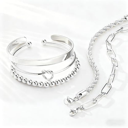 Gold Bracelets for Women, 5 Pcs Non-Tarnish Gold Plated Stackable Bangles with Beaded, Knot, Twisted, Cuff & Chain Designs, Everyday Jewelry Gifts - color: Silver-5pcs