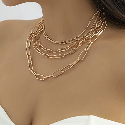 Layered Chain Necklaces for women 18 Inch Gold Plated Paperclip Chain Silver Tone Choker Necklace Rope Ball Chains Punk Jewelry - style: Gold 5-layer Chains