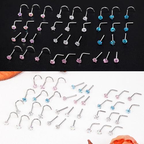316L surgical steel hypoallergenic nose ring nail cubic zirconia nose ring screw L-shaped nose puncture body jewelry straight nose nail (9 pcs) 3 styles 3 shapes (Silver (straight rod 3、 L rod 3 、spiral screw 3))