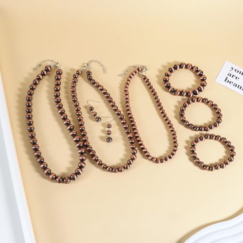 KOSMOS-LI Western Style Multi Layer Necklaces Bracelet Earrings Faux Pearl Cowgirl Beaded Women Jewelry Sets - color: bronze21080