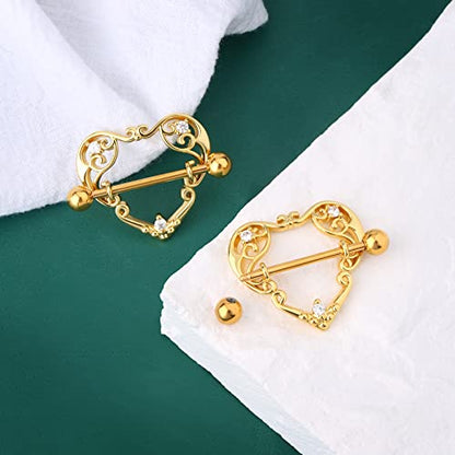 14G Heart Nipple Rings for Women Surgical Steel CZ Nipple Piercings Nipple Barbells Nipple Bars Gold Silver Rose Gold - color: Gold