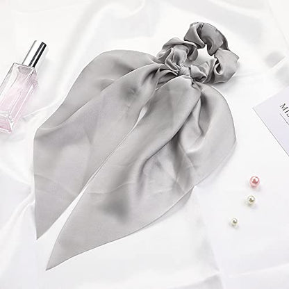 3PCS Hair Scarf Scruncheis for Women Knotted Bow Hair Ties Elastic Bands Satin Hair Ribbon Scrunchy Red Ponytail Holder for Women and Girls (Black White Gray) - color: Black White Gray