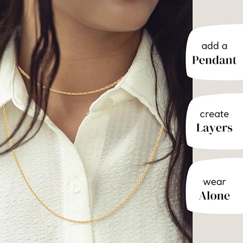 KISPER Dainty Gold Cable Chain Necklace Women 24K Plated Stainless Steel | 1.5mm, 14-30 in, non-tarnish, waterproof, hypoallergenic, nickel-free, spring ring clasp