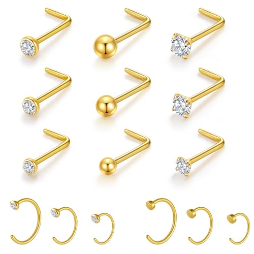 Gotumo 20G Nose Rings Titanium Nose Studs Cubic Zirconia Straight Nose Piercing Jewelry Hypoallergenic Nose Rings Studs for Women Men 6pcs set Silver - color: Gold, size: 20G L Shaped 15pcs