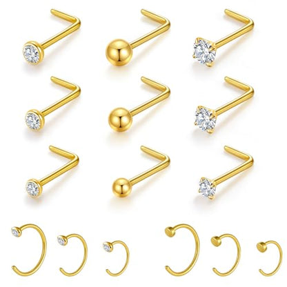 Gotumo 20G Nose Rings Titanium Nose Studs Cubic Zirconia Straight Nose Piercing Jewelry Hypoallergenic Nose Rings Studs for Women Men 6pcs set Silver - color: Gold, size: 20G L Shaped 15pcs