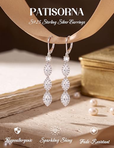 PATISORNA 925 Sterling Silver Dangle Earrings for Women Trendy Hypoallergenic White Gold Plated Leverback Drop Earrings Long Lightweight Statement Earring for Wedding Brides - color: Teardrop