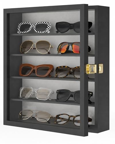 TJ.MOREE Sunglass Organizer Wall Mounted Glasses Holder Display Case 5 Tier | 13 x 15 inches Wooden Storage Box for Multiple Pairs Eyeglasses Sports Sunglasses - color: Black, size: 5-Tier