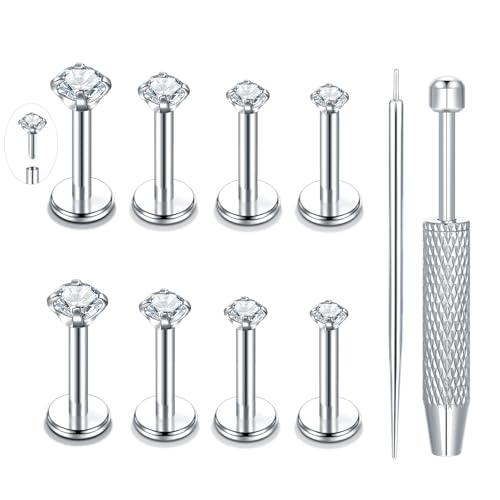 Oveta Threadless Push in Lip Rings 16G/18G/20G Labret Jewelry CZ Lip Studs Stainless Steel Cartilage Earrings for Women Monroe Medusa Piercing Jewelry 6/7/8/10/12mm Bar Length - color: Silver, size: 16G*6/8/10/12mm bar
