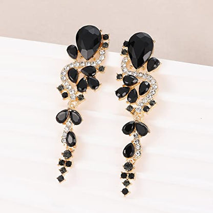 Fashion Rhinestone Statement Drop Dangle Earrings Long Colorful Crystal Bridal Wedding Teardrop Chandelier Earrings for Women Prom Pageant - color: Black