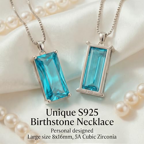 8mm x 16mm Square Birthstone Pendant Necklace – Fashion charming Sterling Silver Gift for women - color: March