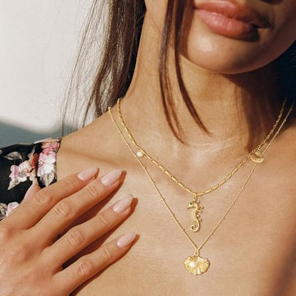 MTMY Gold Starfish Necklace 14K Gold Plated Shell Conch Ocean Pendant Necklace for Women Beach Summer Jewelry - style: seahorse