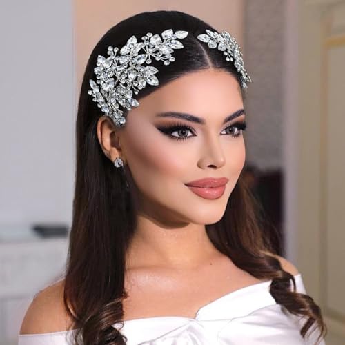 2 PCS Wedding Headpiece for Bride, Handmade Bridal Hair Accessories, Rhinestone Bride Headband - color: Silver-P