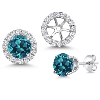 Gem Stone King 14K White Gold 6MM Round Gemstone Birthstone Stud Earrings with Removable Jackets and Lab Grown Diamond Accents | Gold Earrings For Women | Fine Jewelry Gift for Her Mom Women Wife - color: London Blue Topaz-November