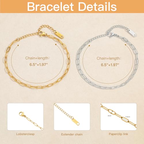 Swyabi 10 PCS Gold Silver Paperclip Bracelet Chains Bulk for Jewelry Making | 18K Stainless Steel, with Extender, No Fade, No Rust, Adjustable, for Men Women DIY, 6.5 Inch - color: 3x7.5mm Gold Silver