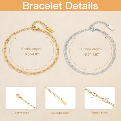 Swyabi 10 PCS Gold Silver Paperclip Bracelet Chains Bulk for Jewelry Making | 18K Stainless Steel, with Extender, No Fade, No Rust, Adjustable, for Men Women DIY, 6.5 Inch - color: 3x7.5mm Gold Silver