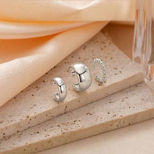OOOPEL 3 Pairs 14K Gold Plated Ear Cuffs Non Piercing Lightweight Stackable Chunky Earring Cuff for Women Adjustable Non-Fading Fake Earrings Suitable for Christmas Gift - style: Chunky-Silver
