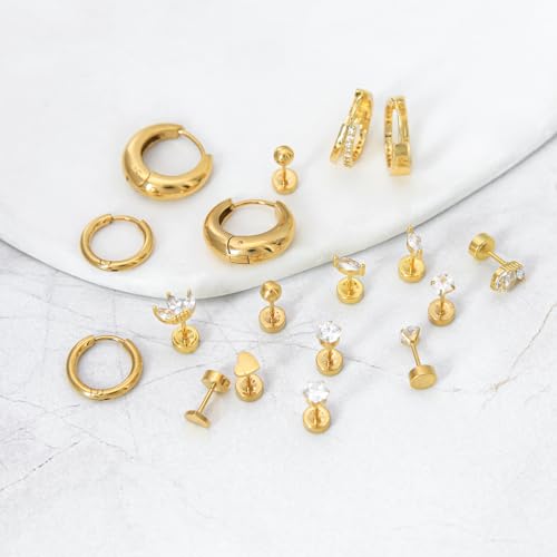 Stainless Steel Stud Earrings Set for Women Hypoallergenic Flat Back Cartilage Earrings Screw Back Huggie Hoop Earrings Multiple Piercing Cubic Zirconia Helix Tragus Jewelry - color: Set-A-14K Gold Plated