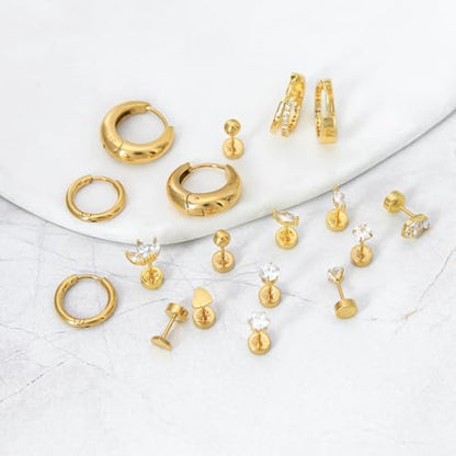 Stainless Steel Stud Earrings Set for Women Hypoallergenic Flat Back Cartilage Earrings Screw Back Huggie Hoop Earrings Multiple Piercing Cubic Zirconia Helix Tragus Jewelry - color: Set-A-14K Gold Plated