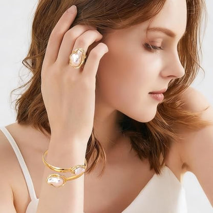 Vintage Irregular Pearl Bracelet Ring Set for Women, Chunky Cuff White Gold Matching Jewelry, Prom Fashion Accessories