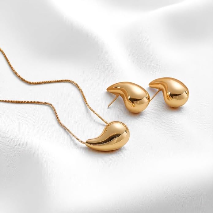 Gold-Plated Teardrop Jewelry Set, Necklace, Earrings, Ring, Bangle Bracelet, Chunky Twisted Hinged Waterdrop Set for Women, Gold-Plated Baroque Style Jewelry Set