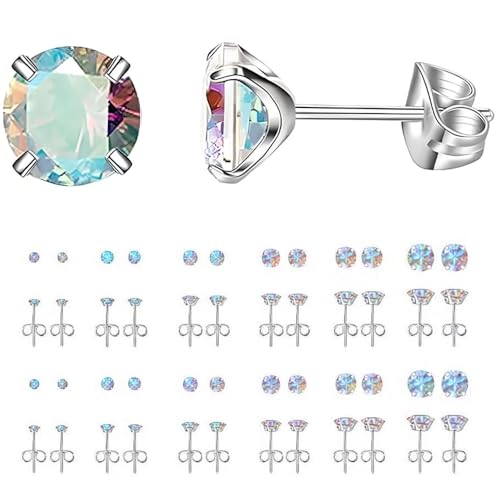 12 Pairs Stud Earrings Set, Hypoallergenic Surgical Stainless Steel 316L Earring for Women Men, Small Earring Studs Pack with Cubic Zirconia - color: Aurora Borealis-6 Sizes-3，4，5，6，7，8