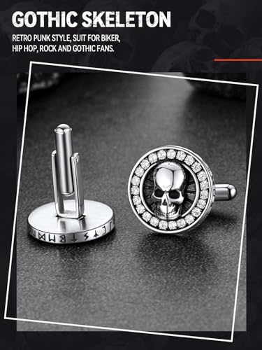 FaithHeart Mens Cufflinks, Norse Viking Tuxedo Shirt Cuff Links, Stainless Steel Cuff Links and Shirt Studs, Gift Box - style: 05. Skull CZ-Silver