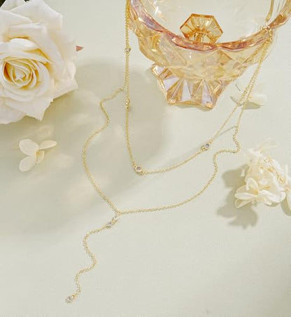 iF YOU Lariat Gold Long Necklaces for Women Trendy, Dainty 14K Gold Plated Drop Chain Necklace, Layered Rosary Beaded Y Necklaces Summer Beach Jewelry Gifts - color: Y layered CZ necklace-GLD