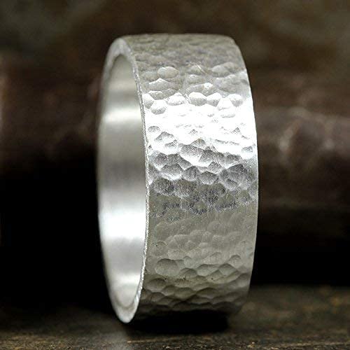 925 Sterling Silver Wedding Ring Hammered Flat Pipe Cut Textured Thick & Durable Handmade Unisex Mens & Women Rustic Engagement Promise Band - US Size 4-13 - Custom Engraving - color: 01 - 8mm Silver