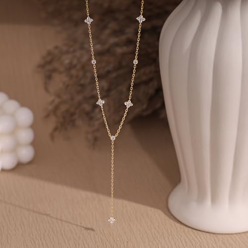 Long Gold Necklace For Women,Dainty Lariat Y Necklace 14K Gold Plated Cute Cubic Zirconia Lariat Necklaces Trendy Simple Statement Rhinestone Choker Necklaces Summer Jewelry - color: Gold-style 1