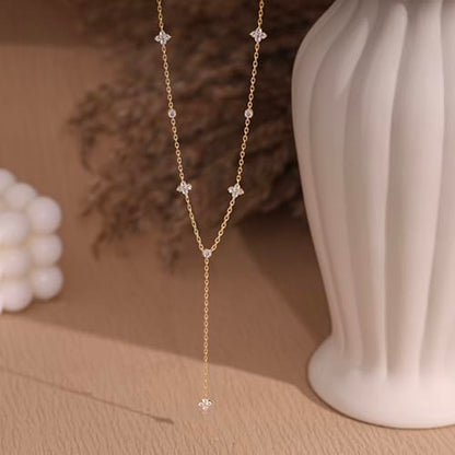 Long Gold Necklace For Women,Dainty Lariat Y Necklace 14K Gold Plated Cute Cubic Zirconia Lariat Necklaces Trendy Simple Statement Rhinestone Choker Necklaces Summer Jewelry - color: Gold-style 1