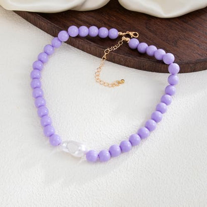 Colorful Faux Baroque Pearl Resin Beaded Choker Necklace Summer Tropical Jewelry for Women - color: Purple